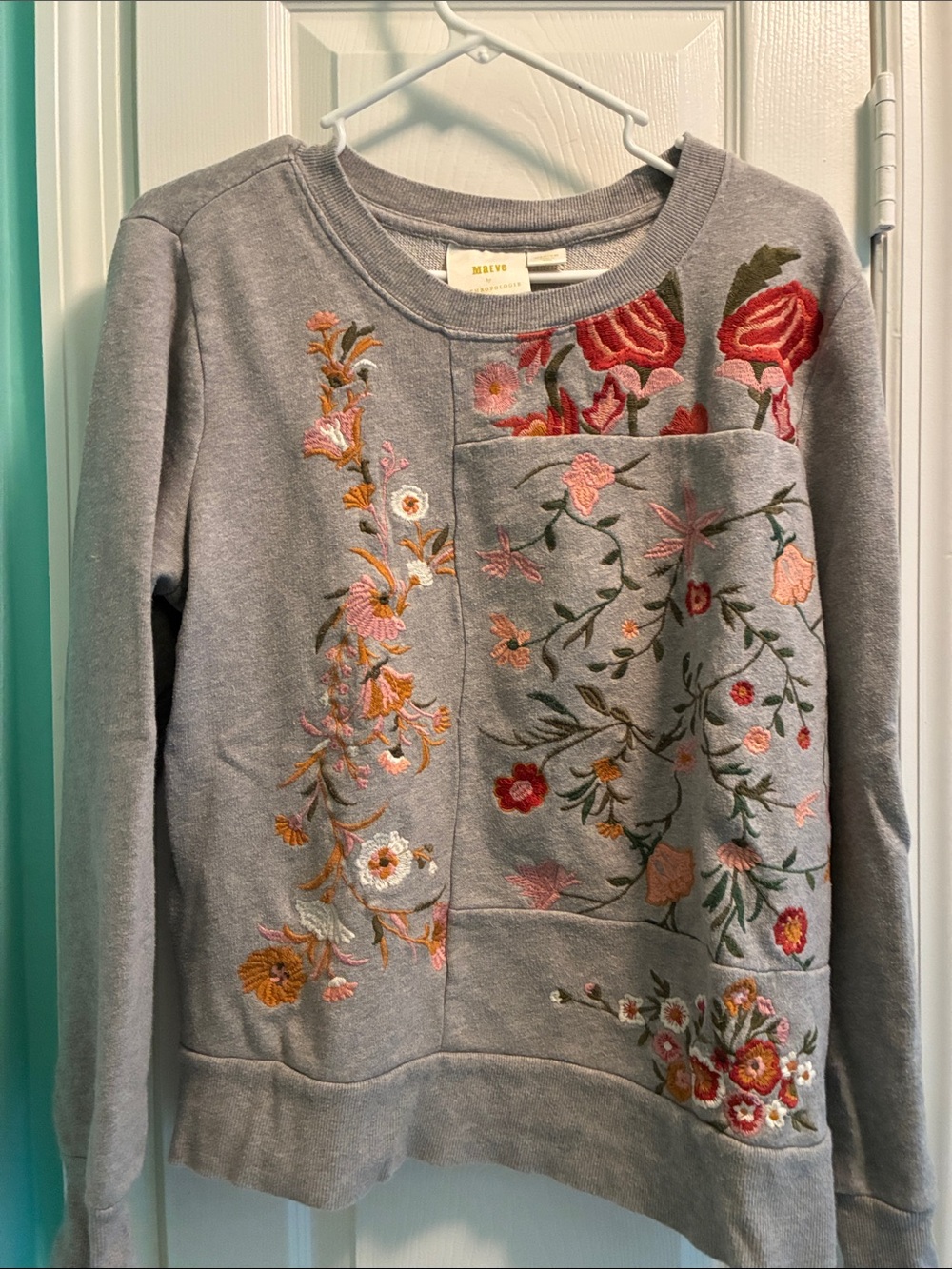 Maeve Gray Crewneck Sweater with Multicolor Floral Embroidery